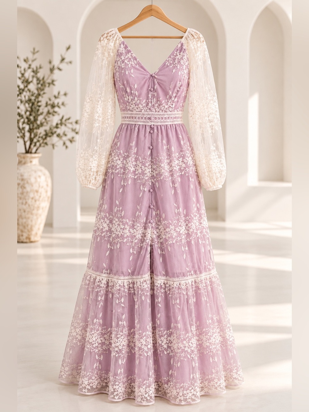 Vintage Lavender Lace Maxi Dress L Ethereal Romantic Cottagecore Prairie